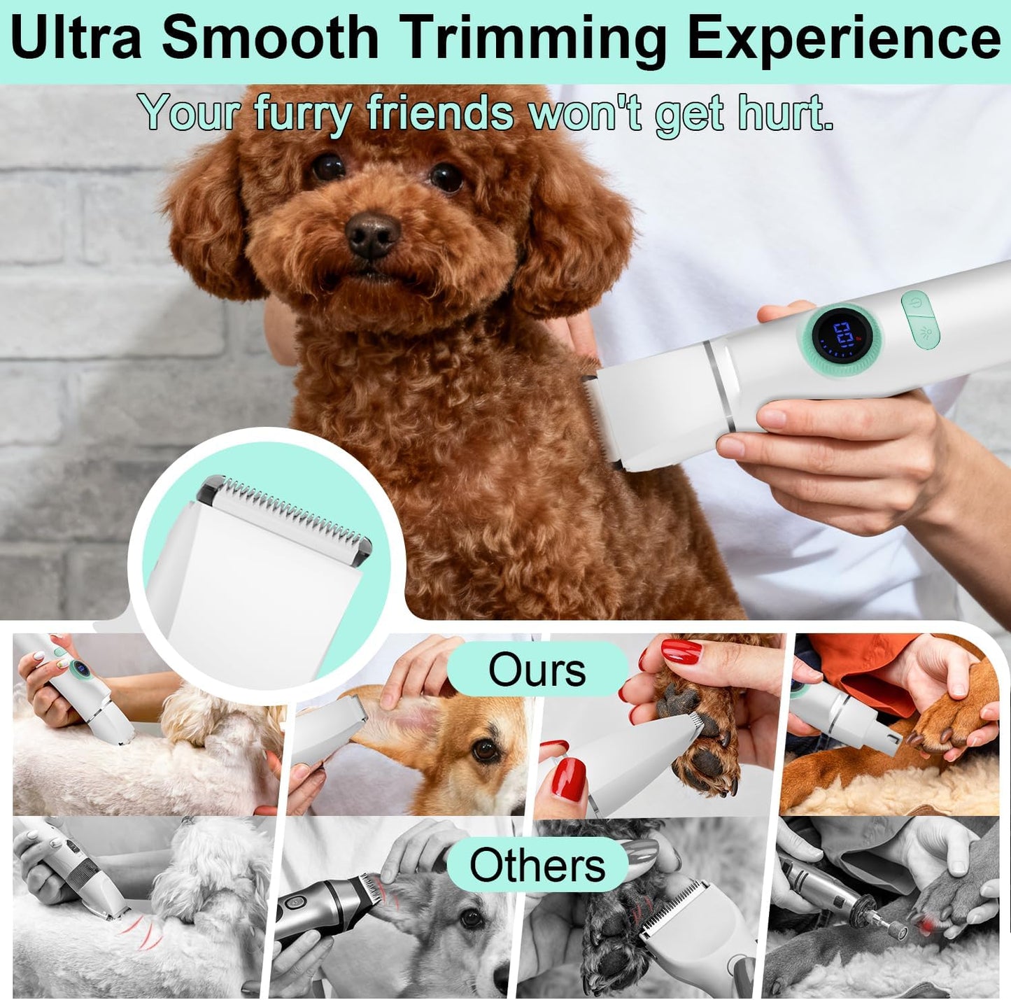 TBTeek Dog Grooming Clippers with LED Light,10-Level Speed 5-in-1 Cordless Dog Grooming Kit, Rechargeable Silent Dog Paw Trimmer Nail Clippers for Thick Hair Toenail Small Dog Pet 's feet