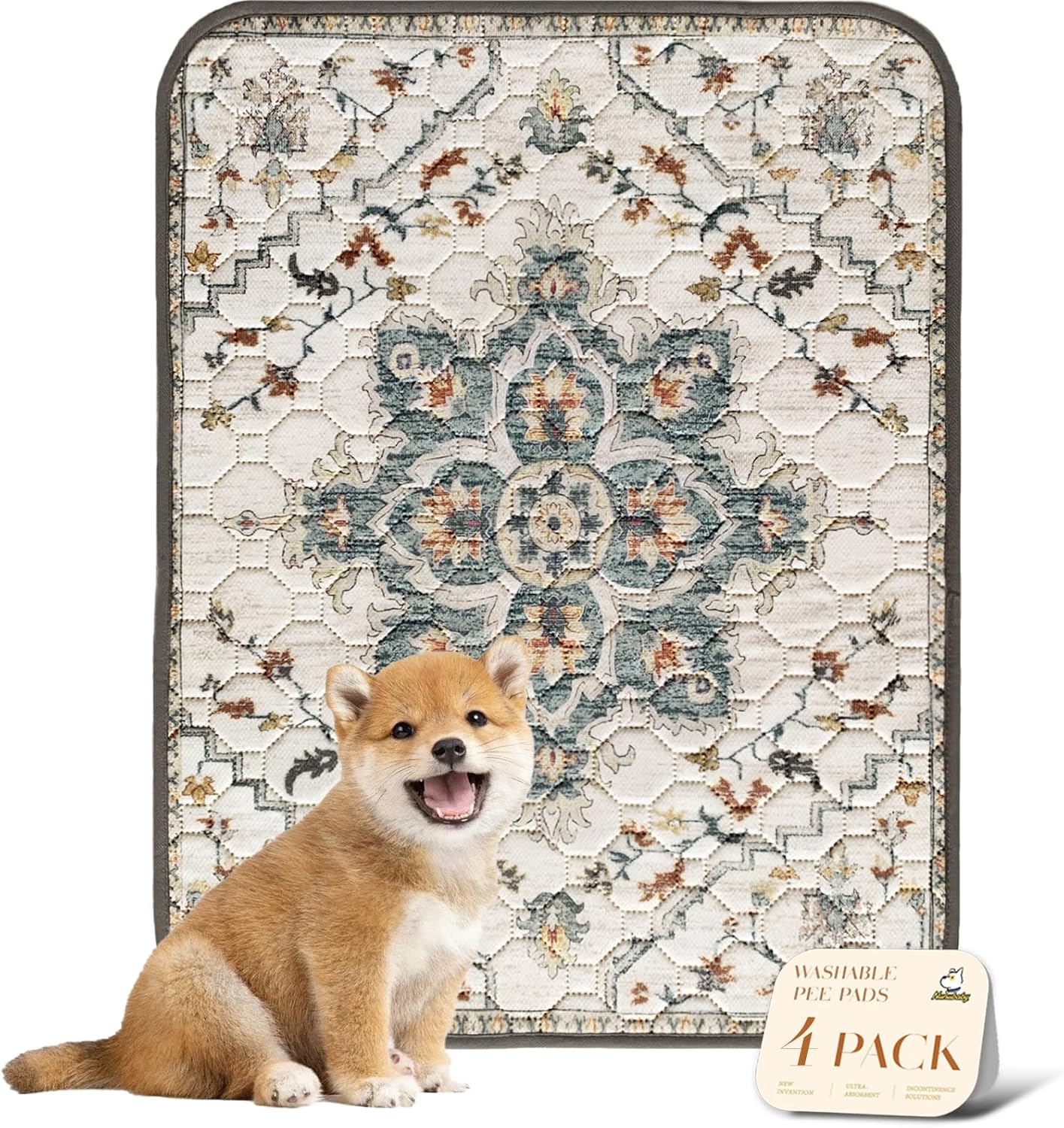 nunubaby Washable Pee Pads for Dogs, Stylish, Non-Slip and Leak-Proof Pee Pads. Reusable Potty Pads for Dogs for Crates and Floors.(Beige/Multi, 24" x48" )