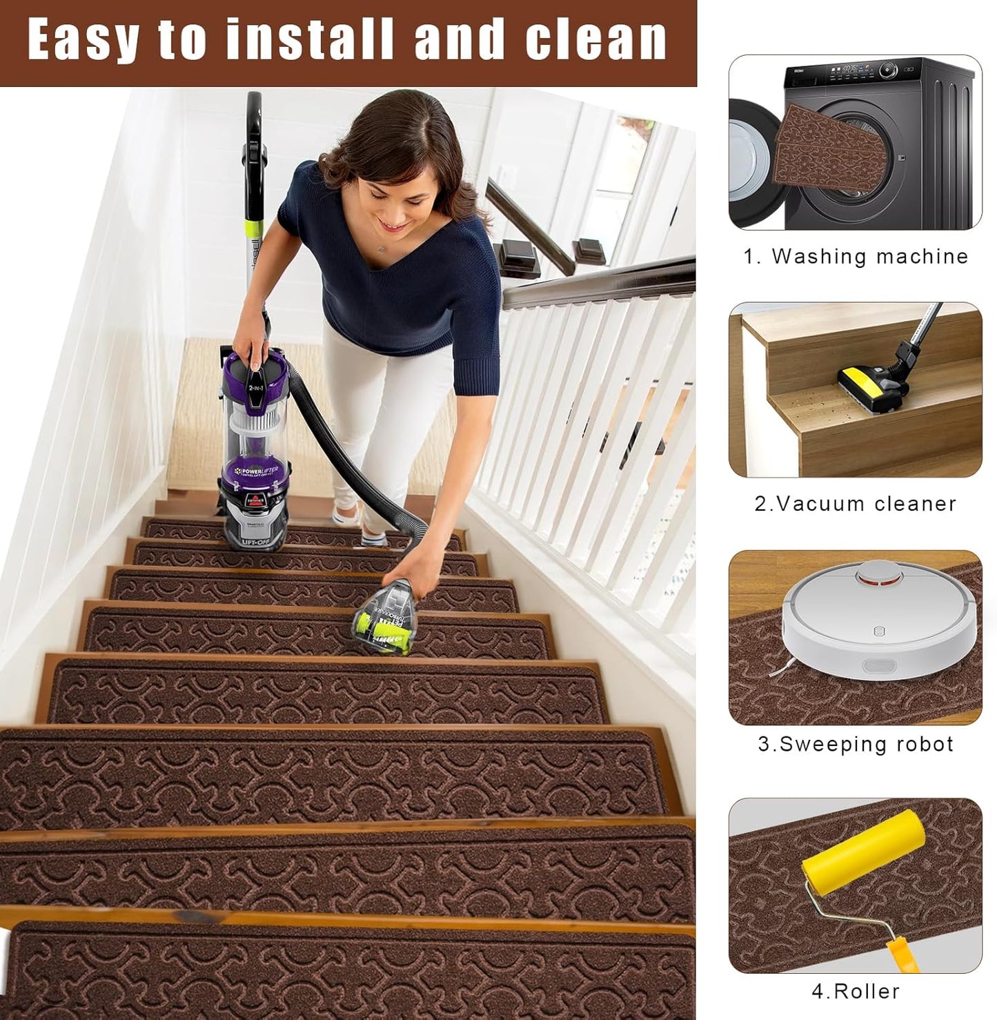 FlowaFoli Stair Treads for Wooden Steps Indoor,8" X 30" (15 in Pack) Stair Treads Non Slip, Machine Washable for Kids Elders and Pets,Beige