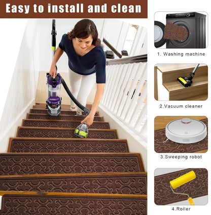 FlowaFoli Stair Treads for Wooden Steps Indoor,8" X 30" (15 in Pack) Stair Treads Non Slip, Machine Washable for Kids Elders and Pets,Beige