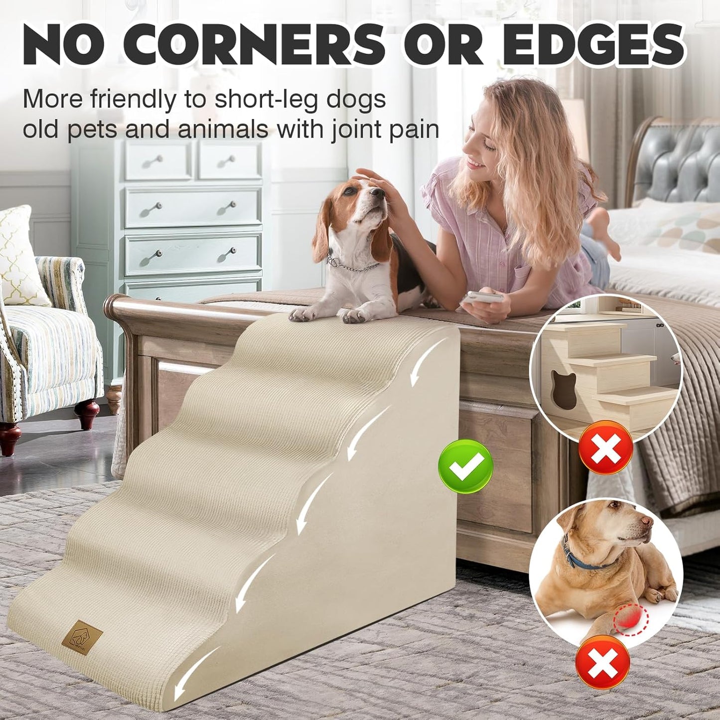 Mestuel 2-Tiers Extended Dog Stairs Steps for Couch Sofa, Dog Stairs for Small Dogs, Pet Stairs Ramp Ladder Friendly to Small Old Joint Injury Dogs Cats,Non-Slip & Washable,Blue