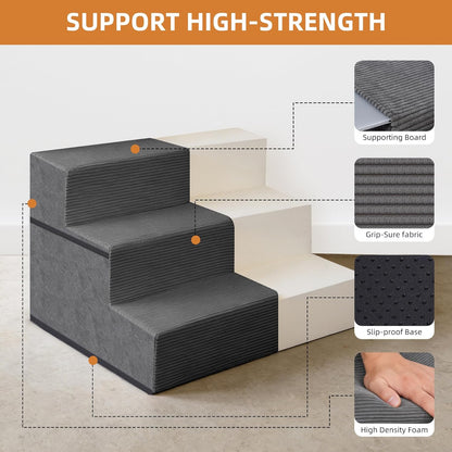 Dog Stairs for Small Dogs, 13.5" H, 3-Step Pet Steps for Couch Sofa and Chair, Non-Slip Balanced Pet Ramp for Medium Cats,Indoor Dog Ladder, Grey
