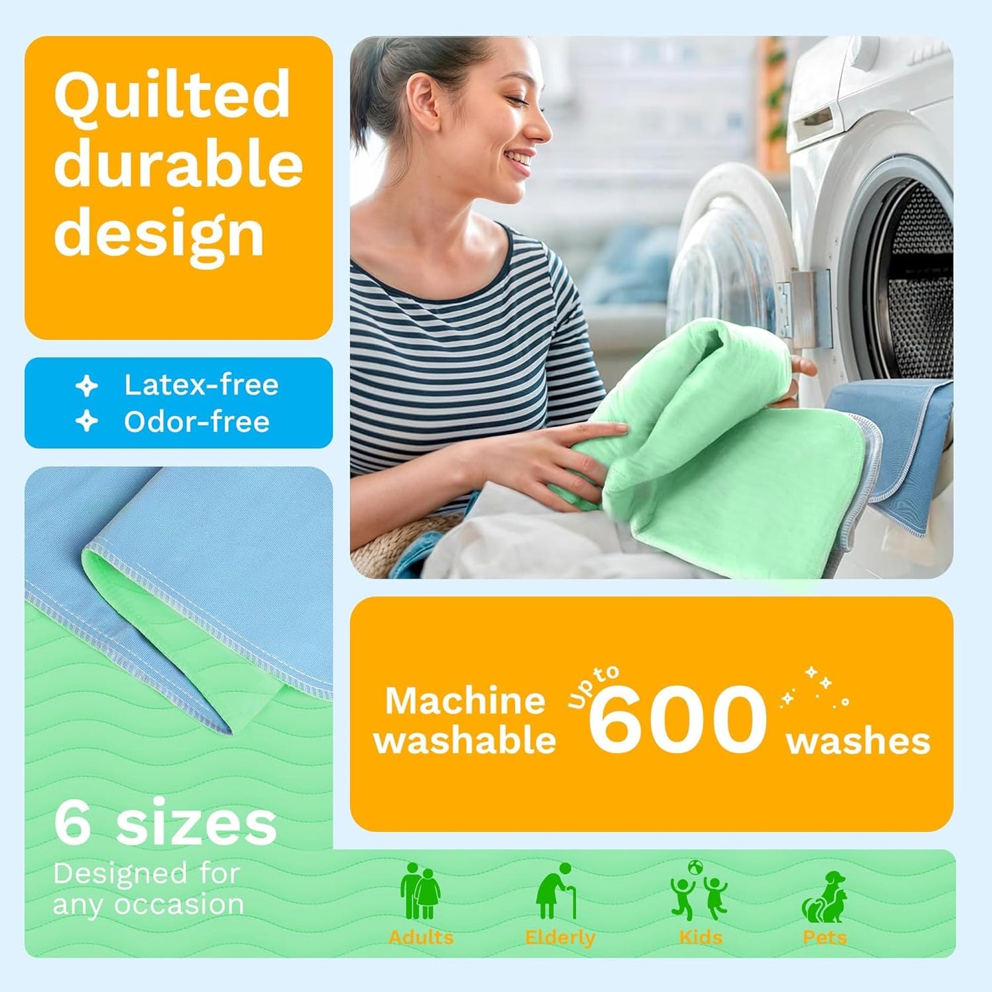 GREEN LIFESTYLE Washable Underpads - Large Pads for use as Incontinence Bed Pads, Reusable Pet Pads, Great for Dogs, Cats, Bunny, Seniors Bed Pad (Pack of 4-34x36)