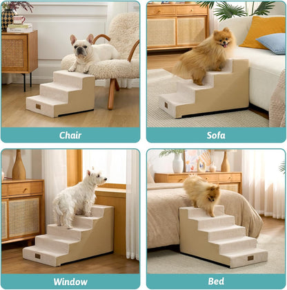 COZY KISS Dog Stairs for Small Dogs, 4 Tier Wider Pet Stairs for Couch and Beds, 17.7" H Non-Slip Dog Steps for Old Cats, Puppy, Small Medium Dogs, 17.7x23.6x17.7 inch, Beige
