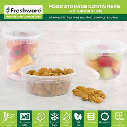 Freshware Food Storage Containers [50 Set] 25 oz Plastic Deli Containers with Lids, Slime, Soup, Meal Prep Containers, BPA Free, Stackable, Leakproof, Microwave, Dishwasher and Freezer Safe
