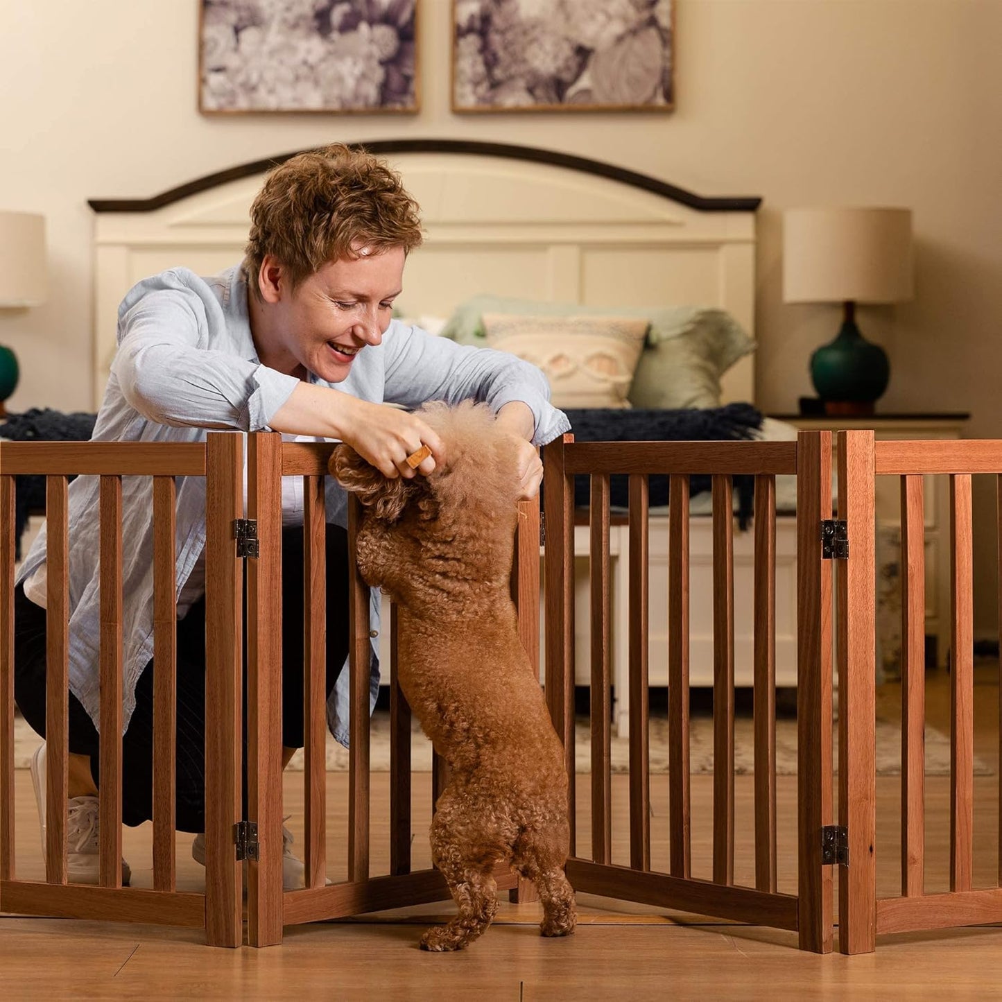 LZRS 2-Panel Wooden Free Standing Foldable Dog Gate Indoor – Solid Hardwood 24" High, Step-Over Safety Pet Gate for Doorways, Stairs & Small Spaces - Indoor Use, White
