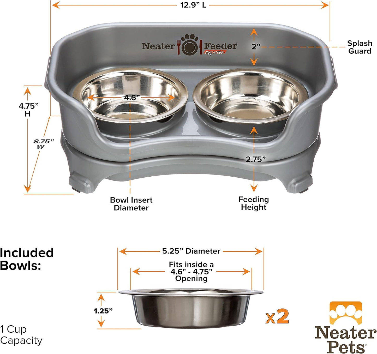 Neater Feeder Express Mess Proof Dog Bowls Elevated for Small Breeds under 15 Lb, Made in USA, No Spill Raised Dog Food Bowl Stand, Stainless Steel Food and Water Bowl Set, Feeding Station, Cappuccino
