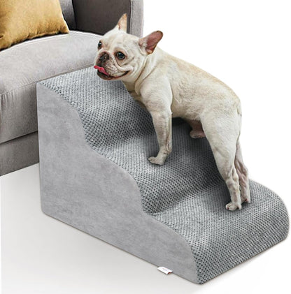 Dog Stairs for Small Dogs - High Density Foam Dog Ramp, Extra Wide Pet Steps with Non-Slip Bottom for High Beds, Couche and Sofa, Best for Pet Injured, Older Dogs Cats (Grey, 4 Steps)