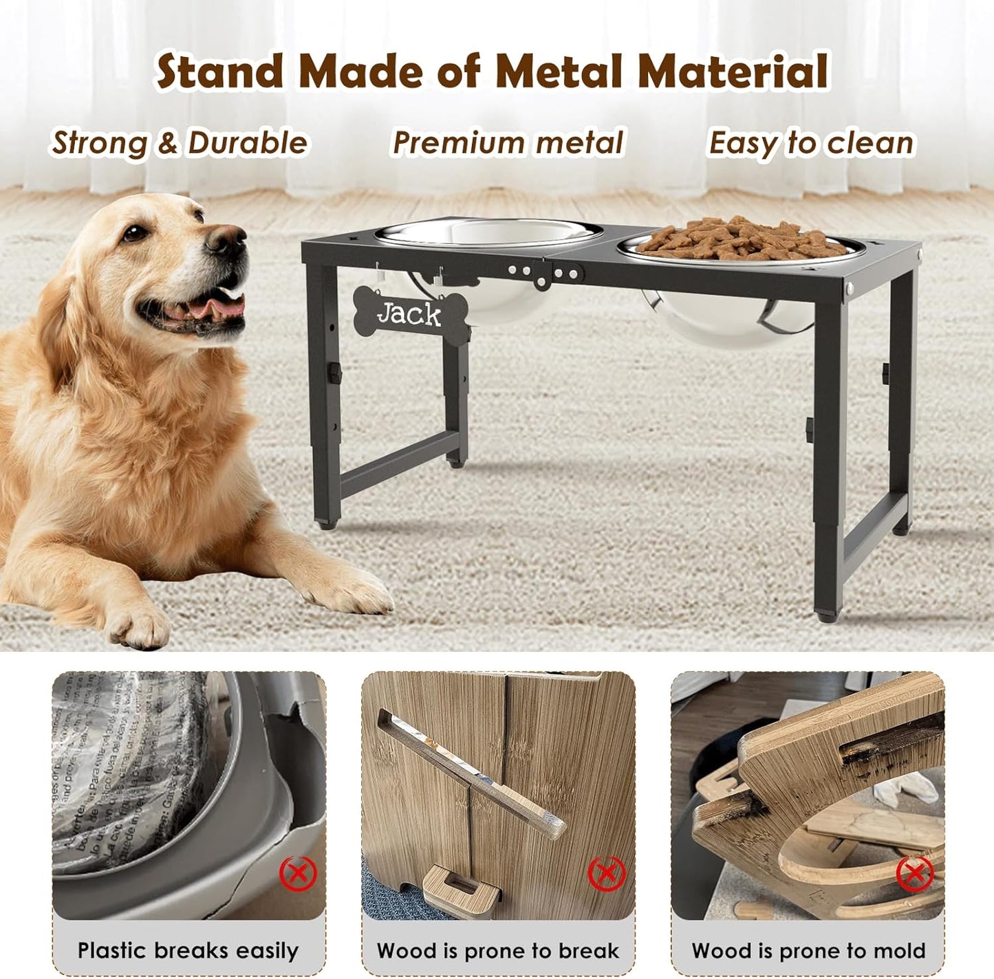 SHAINFUN Metal Elevated Dog Bowls Stand for Large Dogs with Mat & Three 58oz Food Water Bowls, Adjustable Height Raised Dog Bowl Stand