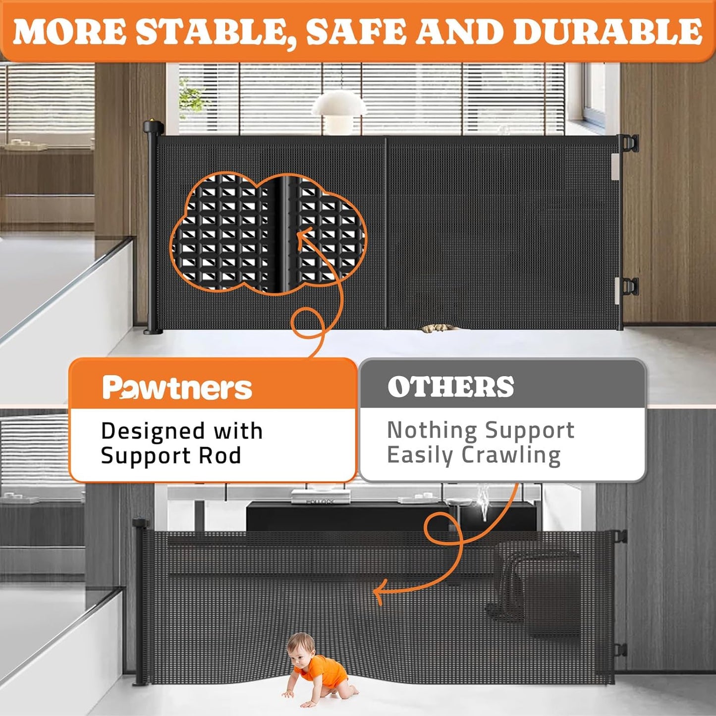 Pawtners Retractable Baby Gates Extra Wide, 41" Tall Extends up to 71" Wide, Dog Gate Indoor for Stairs, Pet Gate with Support Rods for Doorways Hallways Indoor & Outdoor-Black