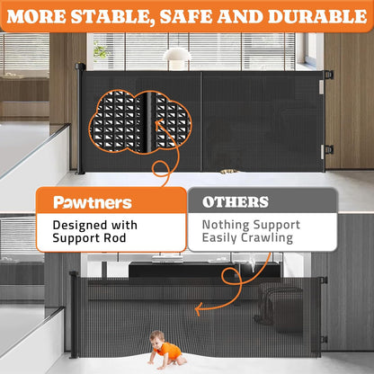 Pawtners Retractable Baby Gates Extra Wide, 41" Tall Extends up to 71" Wide, Dog Gate Indoor for Stairs, Pet Gate with Support Rods for Doorways Hallways Indoor & Outdoor-Black