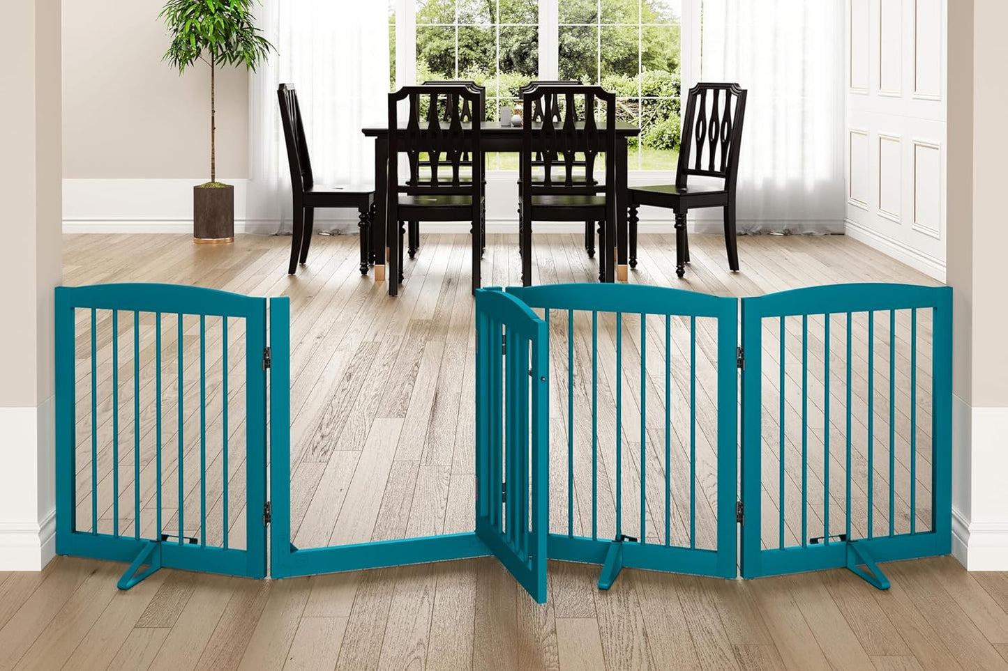 PUPETPO Freestanding Dog Gate with Door, Pet Gate for Stairs, 80 inch Wide Pet Barrier Indoor, Dog Fences Indoor, Support Feet Included, 4 Panels, 24" Tall, Dark Brown