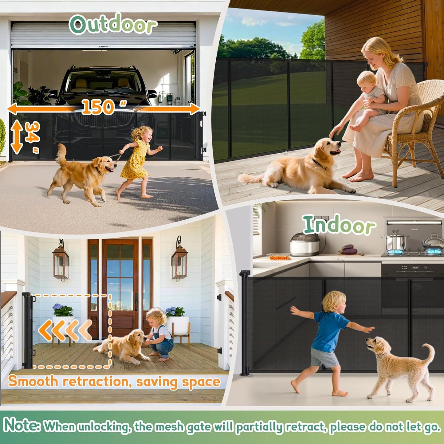 Retractable Baby Gates Extra Wide 150" × 34" Tall for Large Opening 12.5 Foot Retractable Dog Gate for Doorways, Stairs, Aisle, Indoor/Outdoor Retractable Gate for Garage, Hallways, Deck