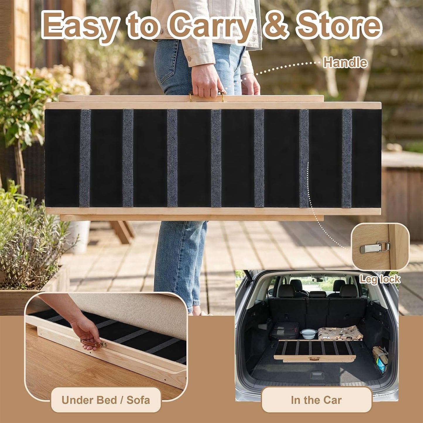 Dog Ramp for Bed, 43.5" Long Wooden Foldable Dog Ramp, 6 Adjustable Heights from 14" to 26" with Anti-Slip Traction Mat, Portable Pet Ramp for Car, Bed, Couch, Max 200lbs - 43.5inch
