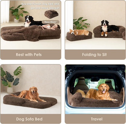 EHEYCIGA Foldable XXL Dog Bed for Large Sized Dog, 54"x38"x7.5" Faux Fur Fluffy Pet Couch Bed, Orthopedic Calming Memory Foam Big Pet Bed, Washable Pet Sofa Bed with Non-Slip Bottom, Dark Grey