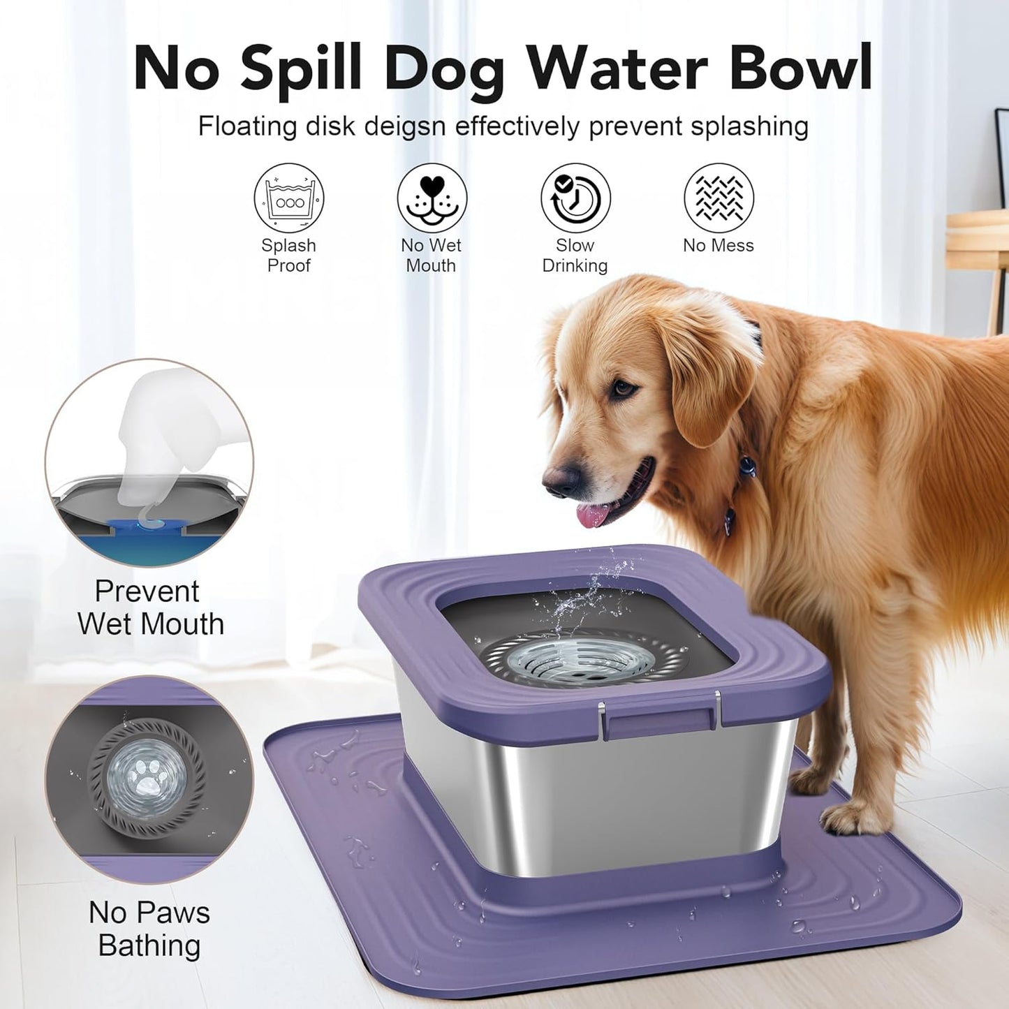 Decflow 10L Stainless Steel Dog Water Bowl, No Spill Anti-Splash Dog Bowls with XXL Silicone Mat, Spill-Proof Slow Feeder for Messy Drinkers, Heavy Duty Pet Bowls for Indoor/Outdoor Use Grey