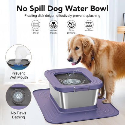 Decflow 10L Stainless Steel Dog Water Bowl, No Spill Anti-Splash Dog Bowls with XXL Silicone Mat, Spill-Proof Slow Feeder for Messy Drinkers, Heavy Duty Pet Bowls for Indoor/Outdoor Use Grey