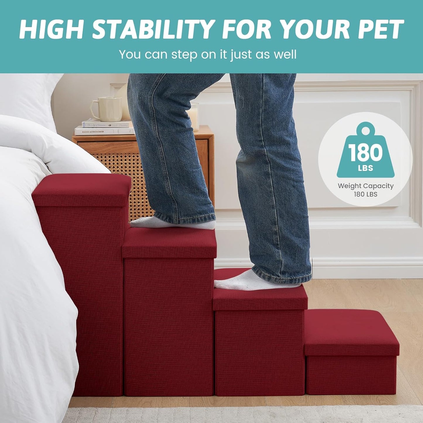 Dog Stairs with Storage, 4-Step Wider Sturdy Dog Steps for Small/Medium/Large Dogs and Older Cats, Folding Doggie Ramp for Bed/Couch/Car Hold Up to 180 lbs (22" H, Brown)