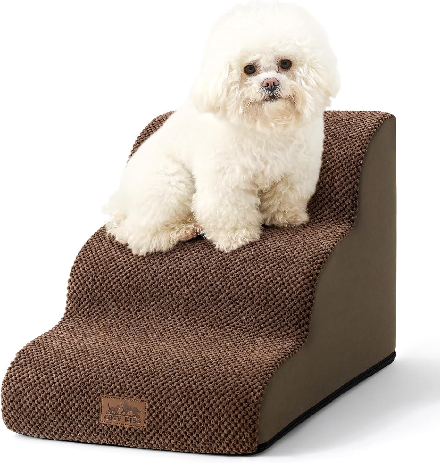 COZY KISS Dog Stairs for Small Dogs 15.7" H, Curved Dog Step for Puppy, Older Cat, Medium Pet Ramp for Sofa, Couch or Chair, Ladder with High Density Foam, 3 Step, 15.7x22.4x15.7 inch, Beige