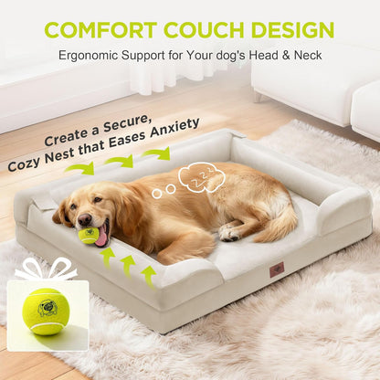 Extra Large Dog Bed, Orthopedic XL Washable Memory Foam Bed for Big Dogs Waterproof Pet Couch Sofa Bolster with Removable Cover, Non-Slip Bottom, Tennis Ball Toy, 42x30