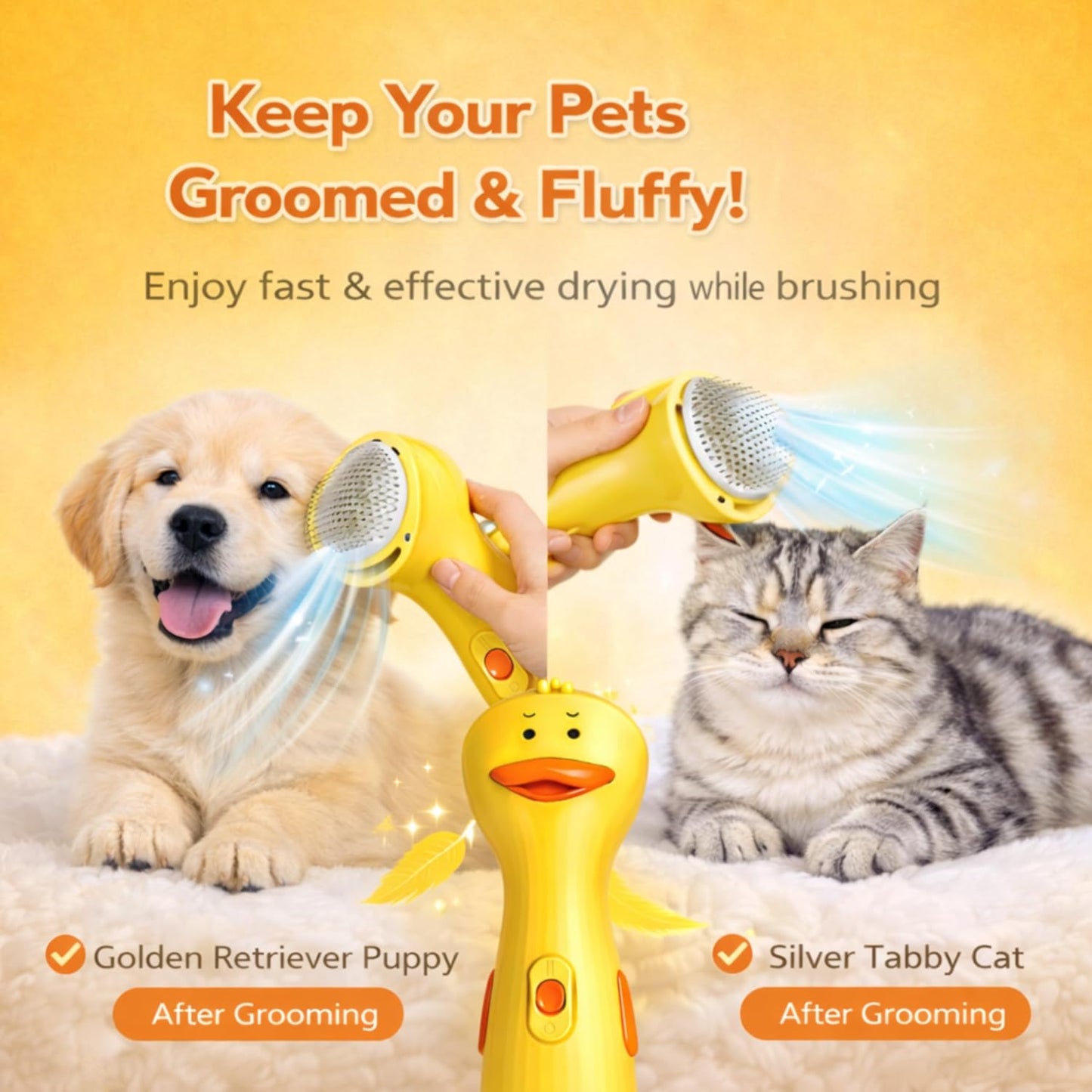 Pet Hair Dryer - Quiet Dog Blower Grooming Dryer – 2-in-1 Dog Dryer for Pet Grooming with Replaceable Slicker Brush, Compact Lightweight ABS Dogs Blower, Low Noise for Cats, Puppies & Dogs