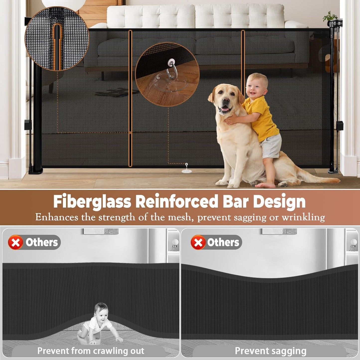 236" Retractable Baby Gate Extra Wide, 41" Tall Retractable Dog Gate for Stairs, Doorways, Decks, Mesh Gate Long Child Gate Pet Gate for Indoor, Outdoor, with Reinforced Mesh Rods, Dual Locks