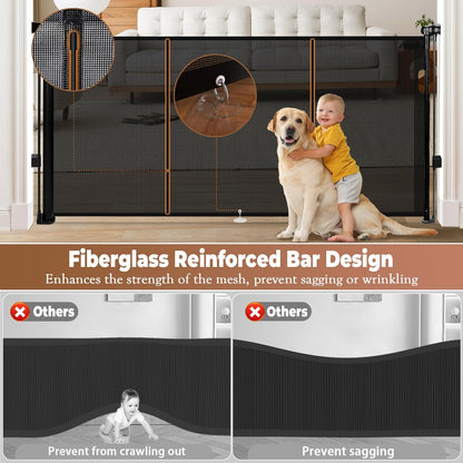 236" Retractable Baby Gate Extra Wide, 41" Tall Retractable Dog Gate for Stairs, Doorways, Decks, Mesh Gate Long Child Gate Pet Gate for Indoor, Outdoor, with Reinforced Mesh Rods, Dual Locks