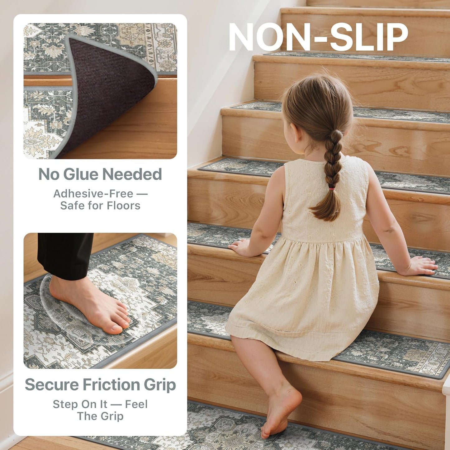 sarben Non Slip Stair Treads for Wooden Steps 15PCS - 8"x30" Indoor Safety Carpet, Edging Mats with TPE Adhesive Backing, Pet and Elderly Friendly Stair Rugs (Taupe) - Colors A