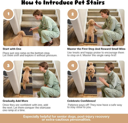 4-Pack Wooden Dog Ramp for Stairs, Anti-Slip Pet Steps for Small Dogs with Carpet Surface, Low-Angled Pet Ramps for Staircase, Steps and Stairs Assist for Injured & Aged Pets, Stairs Ramp for Dogs