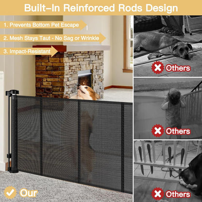 Reinforced 28 Inch Tall Retractable Baby Gates for Dogs, Easy Step Over Pet Gate with Support Rods, 55" Wide Retractable Dog Gate, Puppy Gates for The House Short Dog Gate for Stairs, Doorways, White