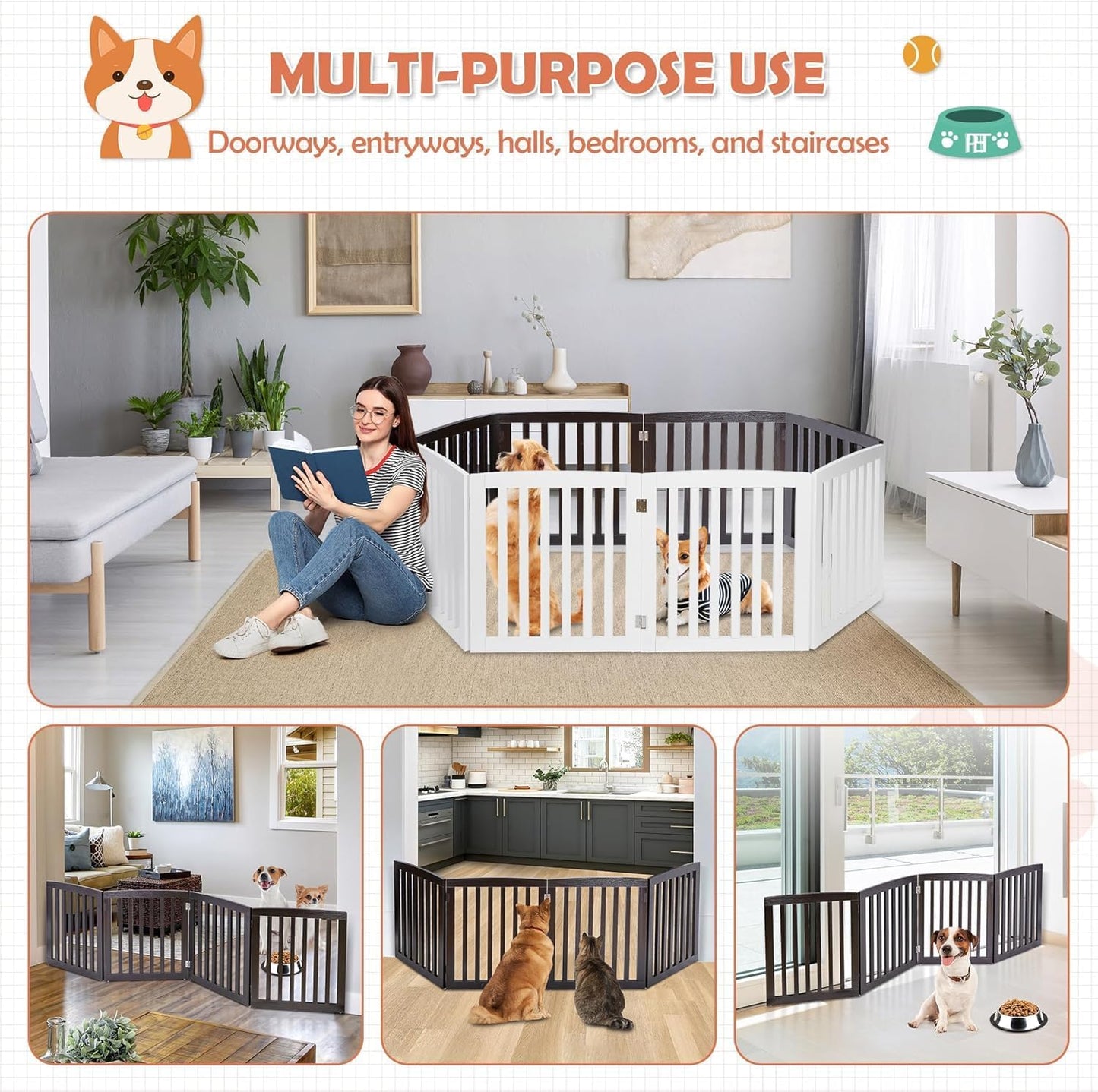 Freestanding Pet Dog Gate 36 Inch Foldable Fence Indoor 3 Panel Extra Wide Wooden Dog Door for Stairs Hallways Doorways