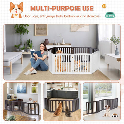 Freestanding Pet Dog Gate 36 Inch Foldable Fence Indoor 3 Panel Extra Wide Wooden Dog Door for Stairs Hallways Doorways