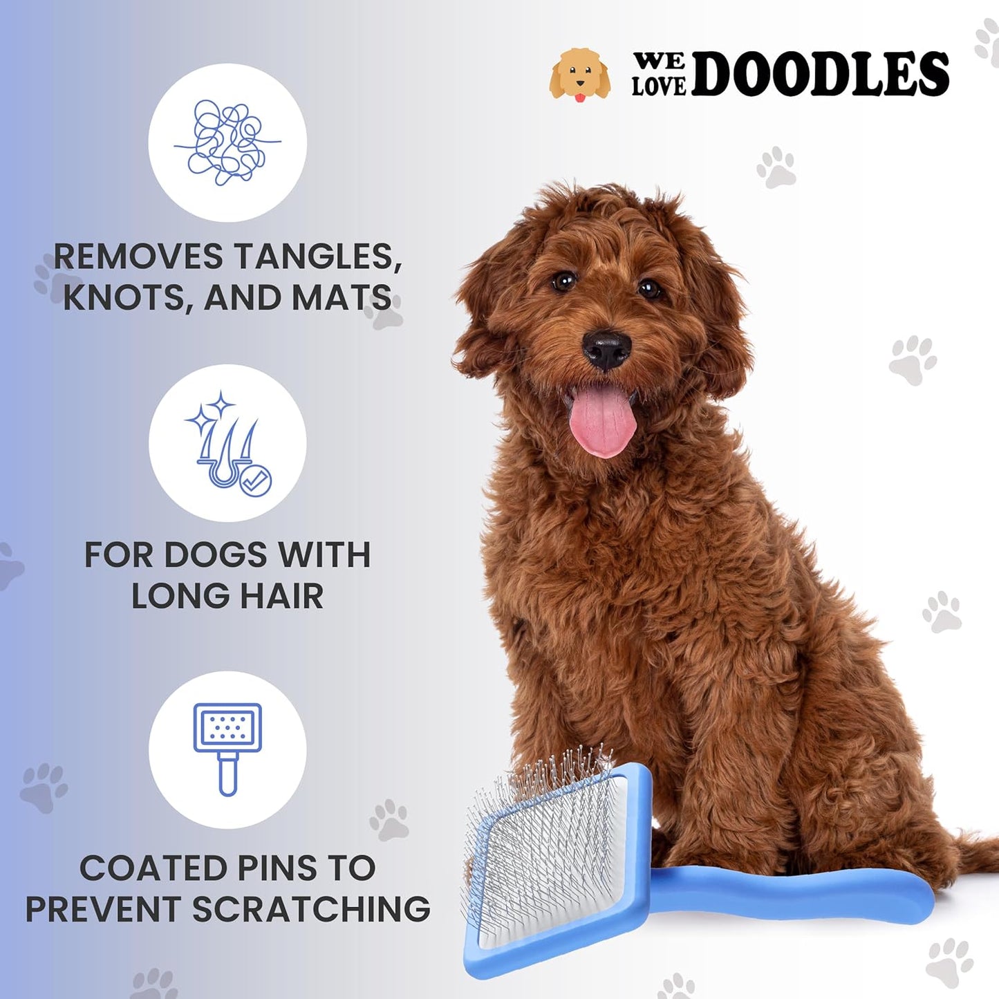 We Love Doodles Slicker Brush with Non Scratching Pins - Dog Brush with Coated Pins, Slicker Brush for Dogs Dematting, Grooming Brushes for Short Haired & Long Haired, Poodle & Goldendoodle (Small)