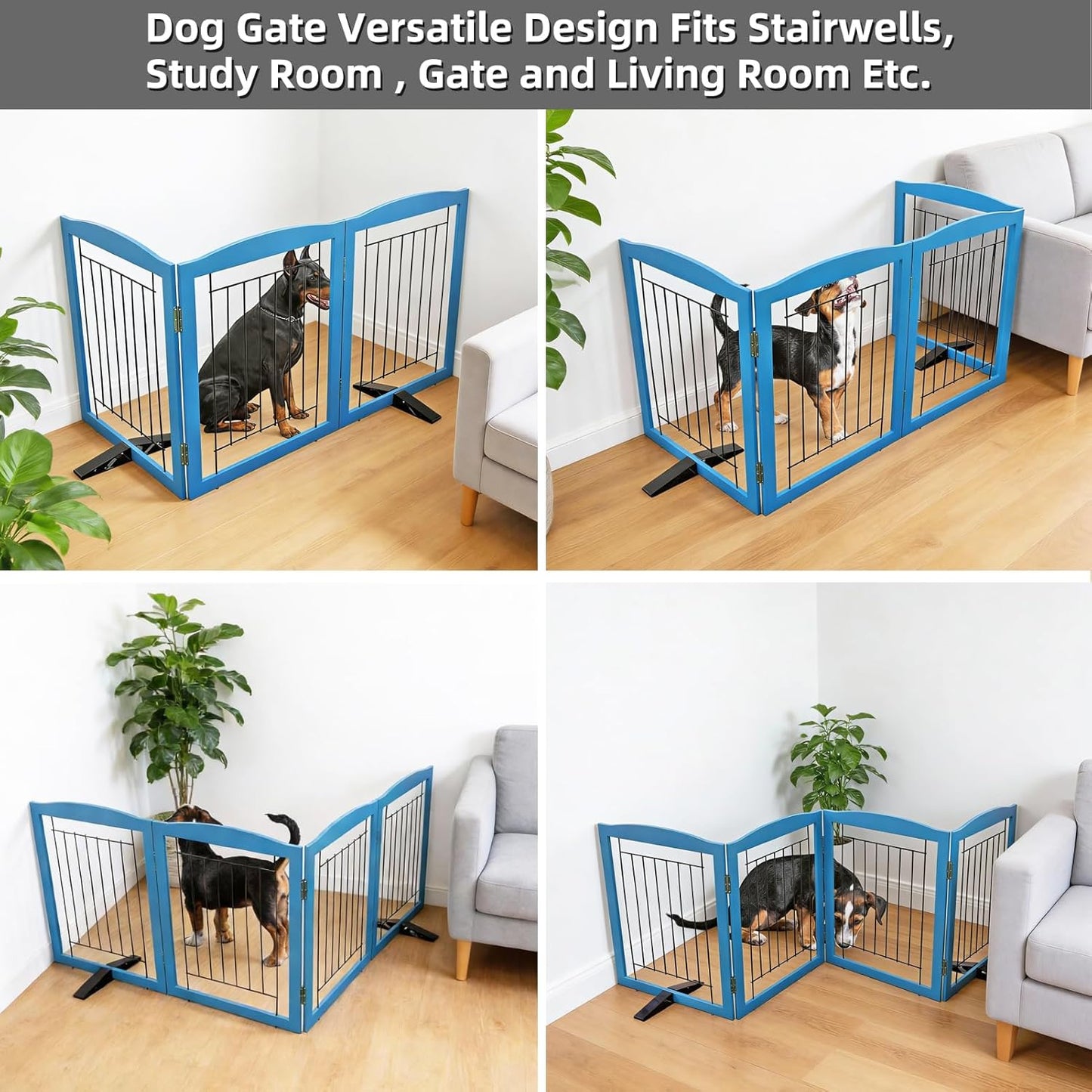 ZJSF Freestanding Dog Fence Indoor, Foldable Dog Gate for Doorways, Stairs or Hallways, Sturdy Wood Extra Wide Pet Gate with Support Feet for The House, White, 24 "Height-3 Panels
