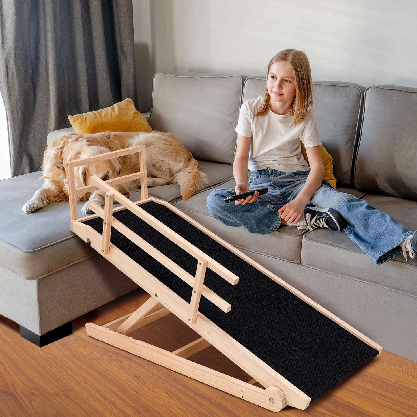 Dog Ramp for Bed, Adjustable Pet Ramps for Dog to Get on Bed, Non-Slip Rubber Surface - Folding Wooden Dog Ramp for Small/Large/Old Dogs, Adjustable up to 27.5 inch High Beds, Safety Railings