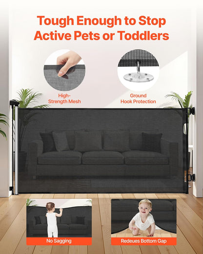 VEVOR Retractable Baby Gate, Extends to 202.7 inch Extra Wide, 39 inch Tall, with Reinforced Fiberglass Strips, Avoids Crawling Through, Mesh Dog Gate for Decks, Doorways, Garages, Indoor, Black