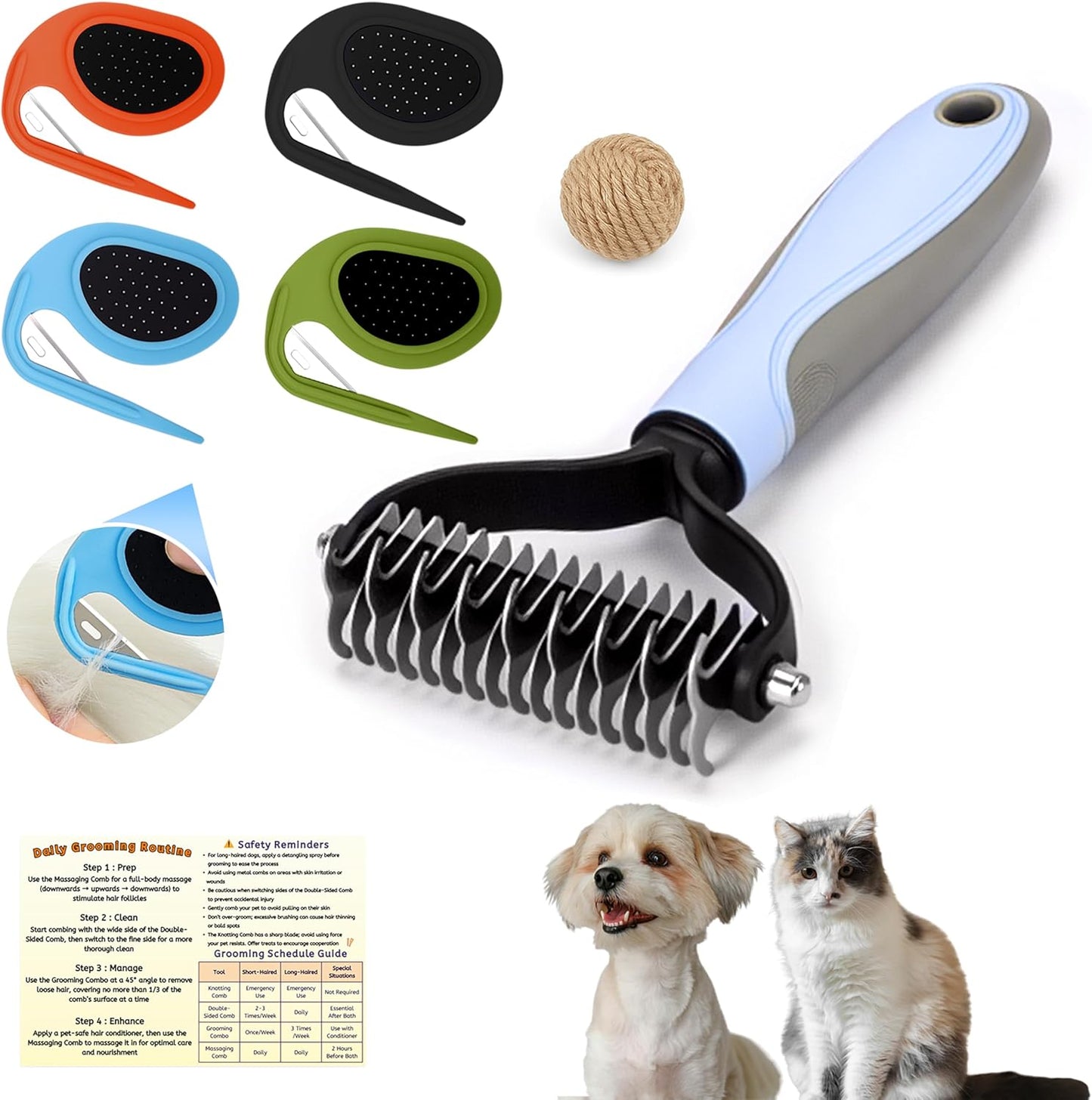 Double Row Undercoat Rake for Dogs & Cats - Wooden Handle Metal Dog Comb, Pet Grooming Dog Rake for Deshedding & Detangling