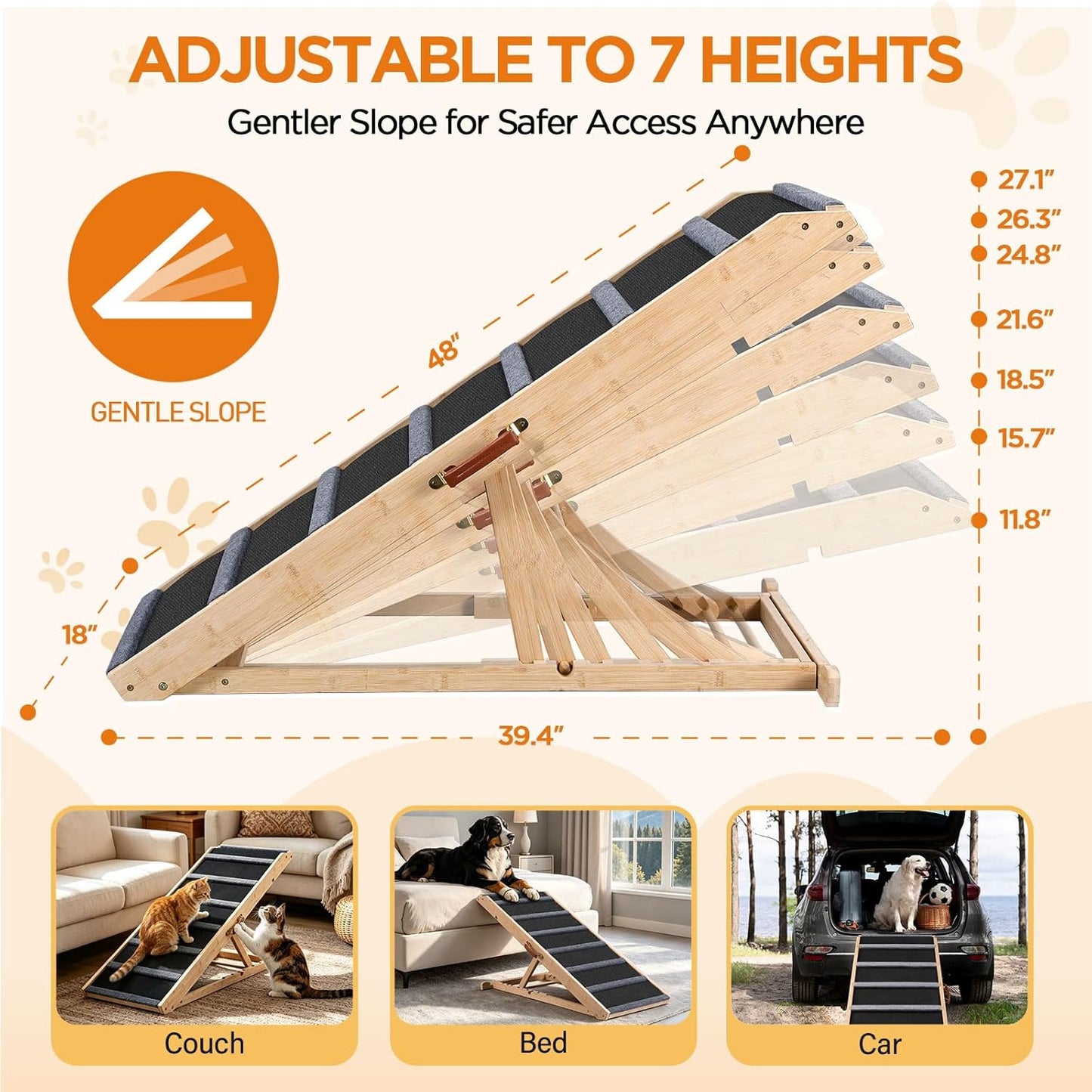 Dog Ramp for Bed - Extra Wide 17’’, Non-Slip Rubber Surface Excellent Traction, Pet Ramp for Small Large Dogs to Get on High Couch Car, Hold up to 200lb, Adjustable, Foldable