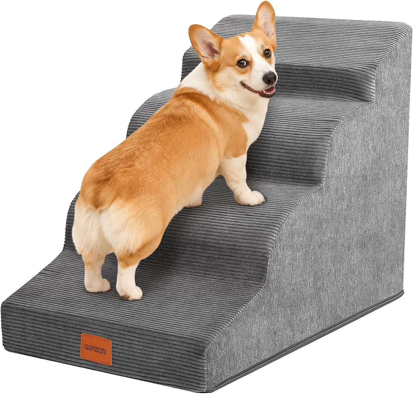 Dog Stairs for Small Dogs and Cats, 15.7" H, 3-Step Curved Pet Ramp for Couch Sofa and Chair, Non-Slip Medium Pet Steps with High Density Foam, Beige