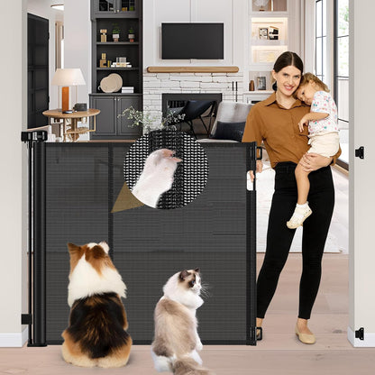 Reinforced 42" Tall Retractable Dog Gate, 155" Extra Long Retractable Baby Gate with Support Rods - Prevent Crawling Under, Indoor/Outdoor Retractable Gate Extra Tall Baby Gate Retractable Fence/Black