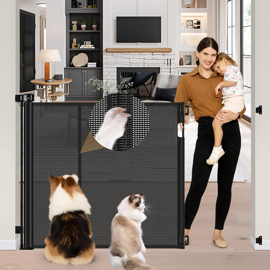 Reinforced 42" Tall Retractable Dog Gate, 155" Extra Long Retractable Baby Gate with Support Rods - Prevent Crawling Under, Indoor/Outdoor Retractable Gate Extra Tall Baby Gate Retractable Fence/Black