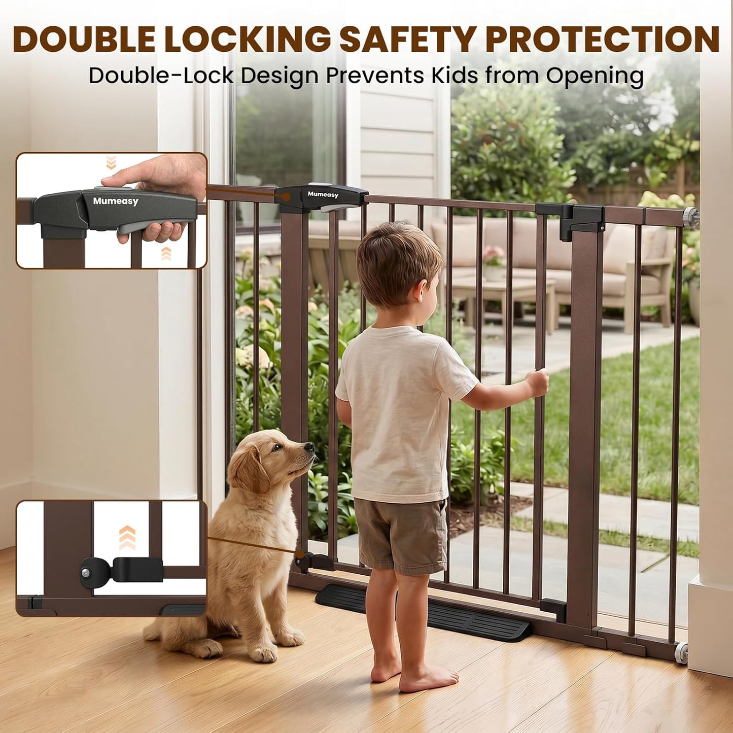 Mumeasy 29.7-46" Baby Gate for Stairs, Pressure Mounted Dog Gate for Doorways, Auto Close Walk Through Pet Gate Indoor, Extra Wide Metal Child Safety Gate, Mom's Choice Awards Winner, Black