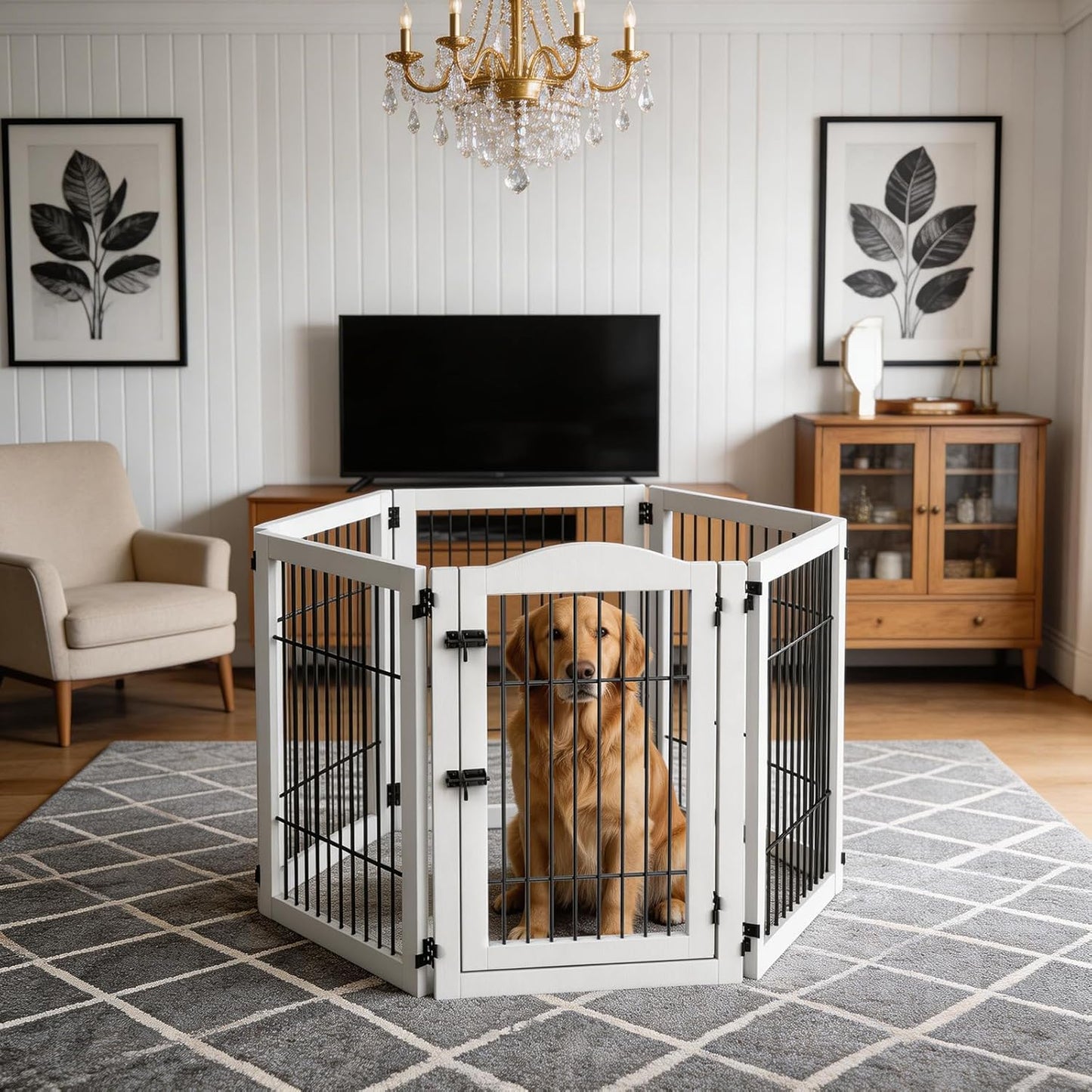 133 inch Extra Wide Dog Gate Indoor for The House, Doorway, Stairs, 31.5 inches Tall 6 Panels Free Standing Dog Gate with Door Walk Through, Puppy Playpen Safety Fence No-Assembly