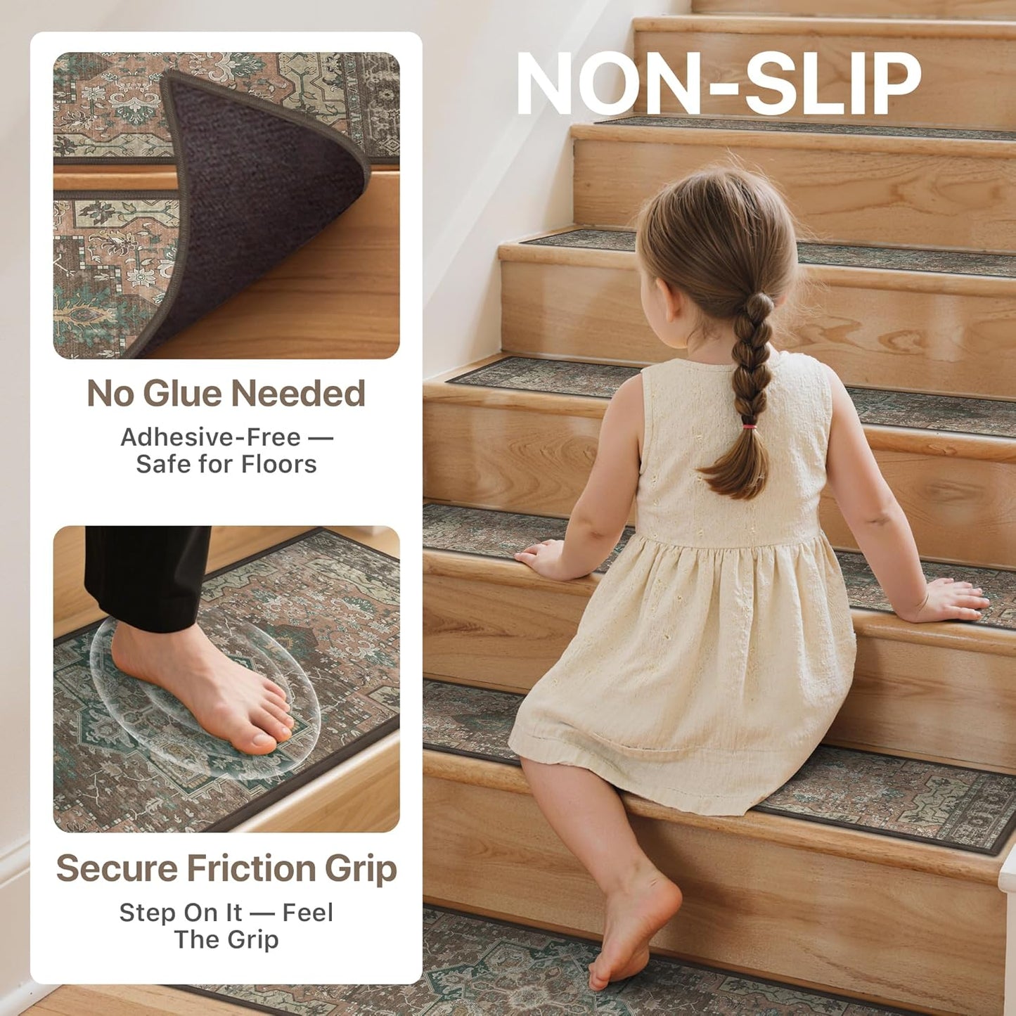 sarben Non Slip Stair Treads for Wooden Steps 15PCS - 8"x30" Indoor Safety Carpet, Edging Mats with TPE Adhesive Backing, Pet and Elderly Friendly Stair Rugs (Taupe) - Colors B