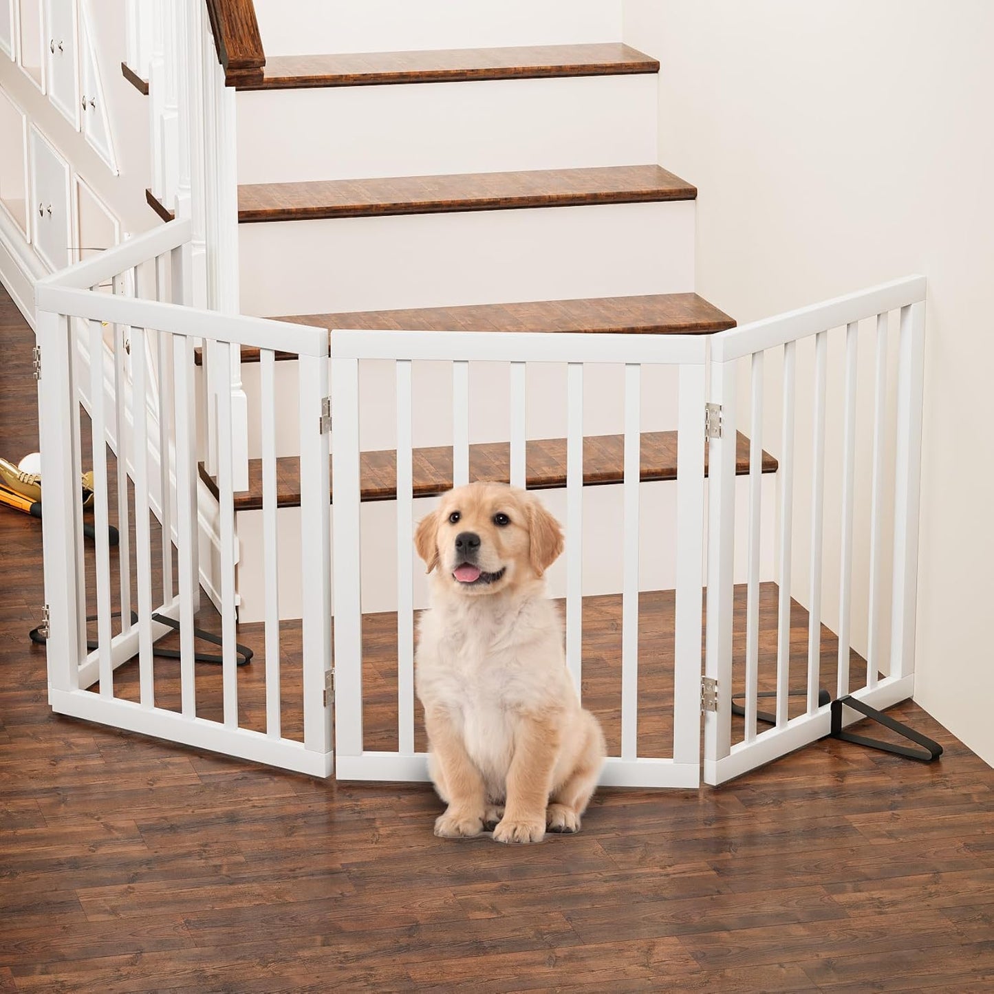 Freestanding Foldable Dog Gate - 4 Panel Room Divider with Metal Support Feet (Black)