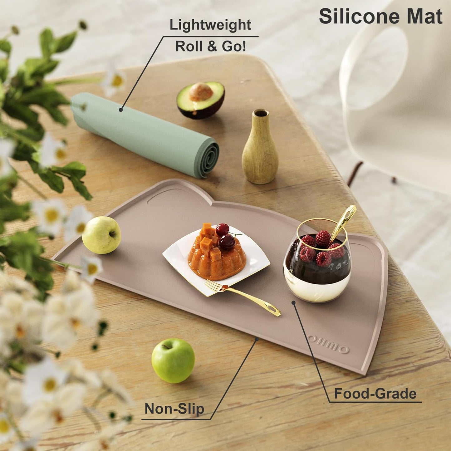 OHMO - Cat Food Mat, Silicone Pet Feeding Mat for Floor Non-Skid Waterproof Dog Water Bowl Tray, Easy to Clean Pet Placemat (Erythrinus, 18 * 9.8'')