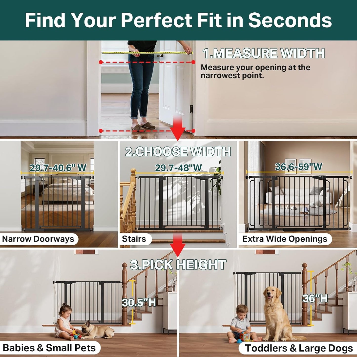 Cumbor 36.6-64" Extra Wide Baby Gate for Stairs, Dog Gates for Doorways, Auto-Close Pet Gate Indoor, Pressure Mounted Walk Through Safety Child Gate for Kids Toddler, Tall Pet Puppy Fence Gate, Brown