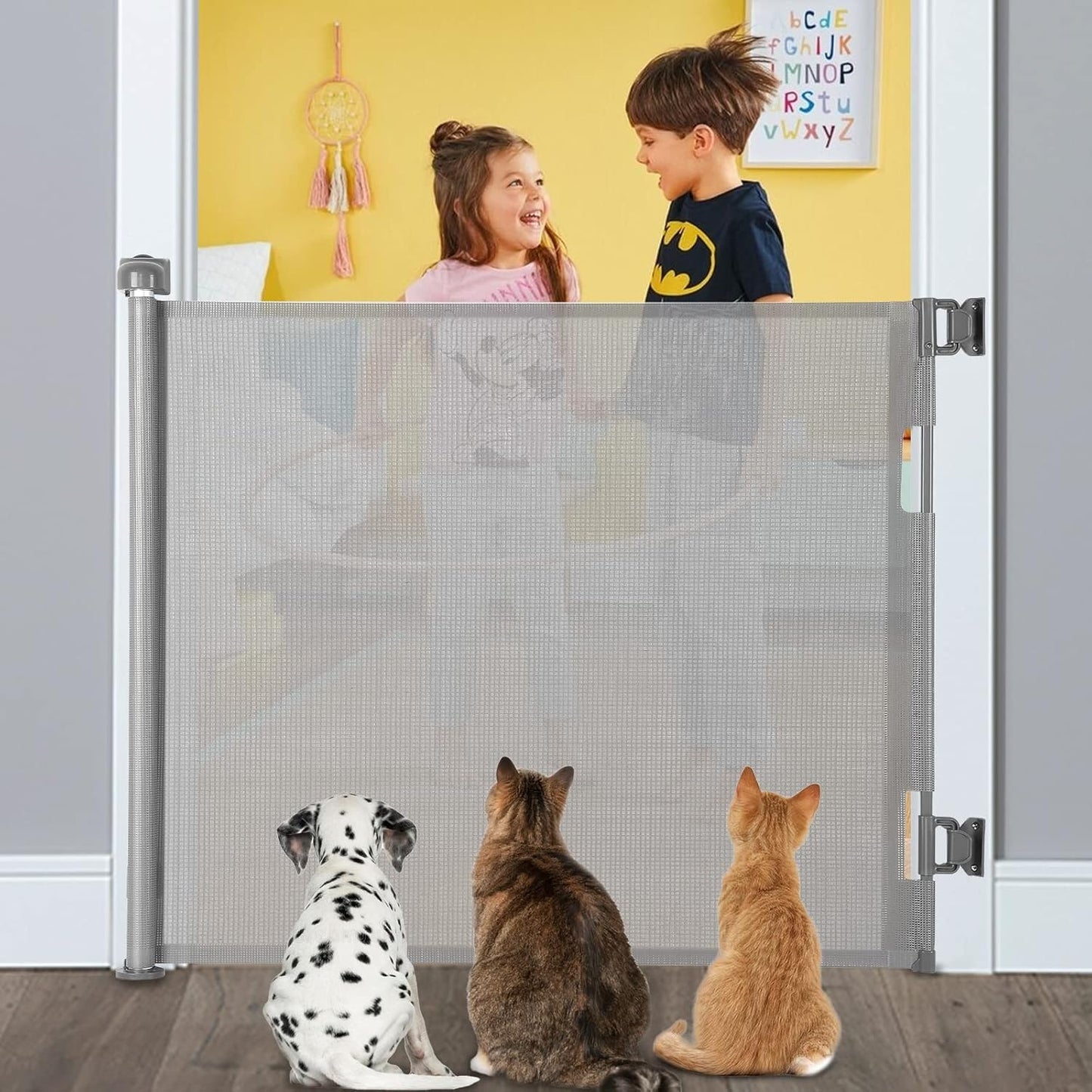 Upgraded Retractable Baby Gate, Extra Wide Safety Kids or Pets Gate, 33” Tall, Extends to 71” Wide, Mesh Safety Dog Gate for Stairs, Indoor, Outdoor, Doorways, Hallways(33”x71”, Black)