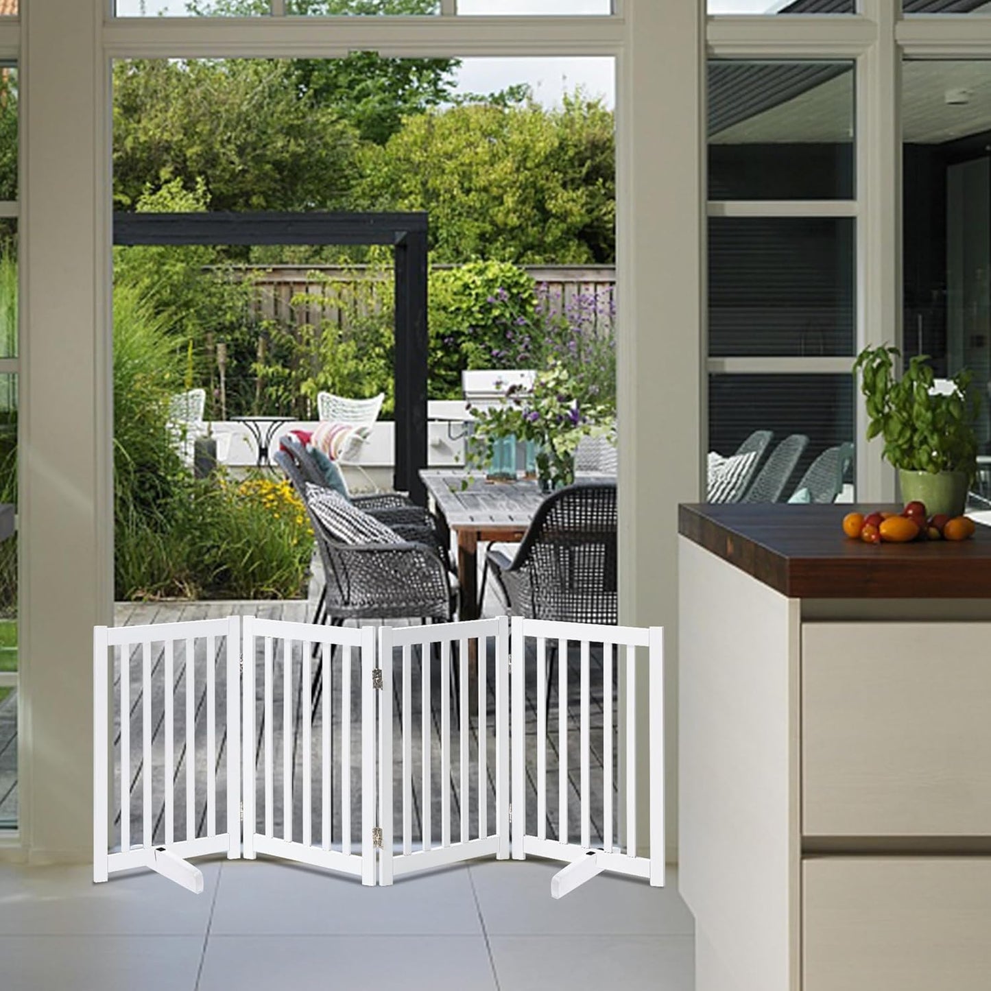 LZRS 2-Panel Wooden Free Standing Foldable Dog Gate Indoor – Solid Hardwood 24" High, Step-Over Safety Pet Gate for Doorways, Stairs & Small Spaces - Indoor Use, White