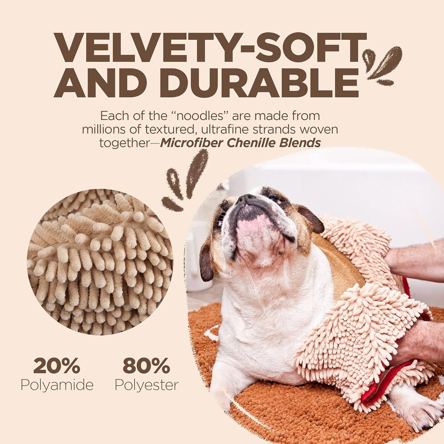 Soggy Doggy Super Shammy Dog Towel – Absorbent Microfiber Chenille Pet Towel for Drying Wet Dogs, Paws, Quick Dry Dog Shammy with Hand Pockets, Machine Washable – Chocolate/Oatmeal Trim, 31” x 14”